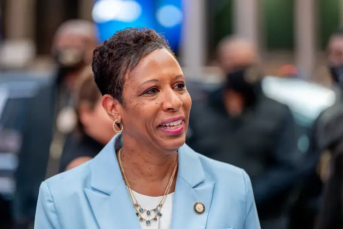 City Council Speaker Adrienne Adams wearing a powder blue suit during an event in Times Square.